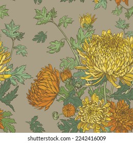 Floral seamless pattern of hand drawn chrysanthemums. Vector pattern of orange and yellow flowers on a light khaki background.