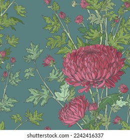 Patrón floral sin fisuras de crisantemo dibujado a mano. Patrón vectorial de flores rojas en un fondo de piel.