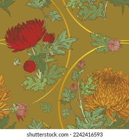 Floral seamless pattern of hand drawn chrysanthemums. Vector pattern of orange, coral and red flowers on a golden brown background.