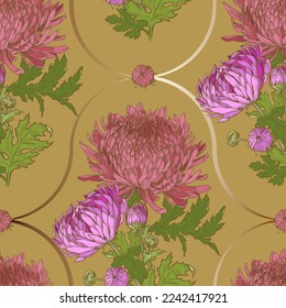 Floral seamless pattern of hand drawn chrysanthemums. Vector pattern of pink flowers on a yellow-orange background.