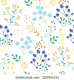 Floral seamless pattern. Hand drawn creative flower and berries. Colorful artistic background with blossom. Abstract herb. It can be used for wallpaper, textiles, wrapping, card. 