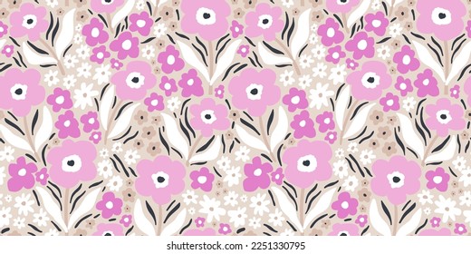 Floral seamless pattern with hand drawn pink flowers and botanical elements on dark background. Vector illustration. Greet foe fabric, textile, digital papers. 