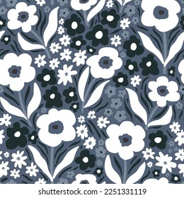 Floral sin costuras con flores dibujadas a mano y elementos botánicos sobre fondo azul marino. Ilustración vectorial. Papel de adobe, textil, papel digital. 