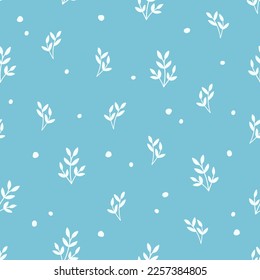 Floral seamless pattern with hand drawn leaves silhouettes and dots. Minimalist nature wallpaper design. Simple garden or wild flowers theme background. Vector illustration on blue background.
