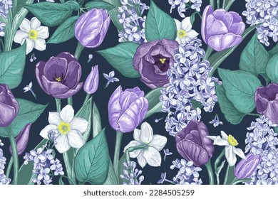 Floral seamless pattern with hand drawn Spring Flowers on a dark blue background. Vector illustration of Tulips, Lilac and Narcissus. Blooming white, blue, indigo flowers and green leaves