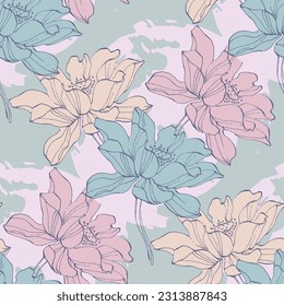 Floral seamless pattern with hand drawn lotus flowers and leaves. Fashionable template for design. Abstract floral pattern.