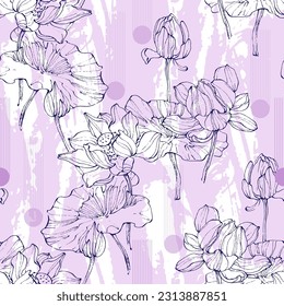 Floral seamless pattern with hand drawn lotus flowers and leaves. Fashionable template for design. Abstract floral pattern.