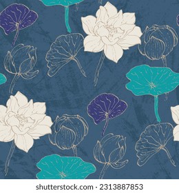 Patrón floral sin fisuras con flores de loto dibujadas a mano y hojas. Plantilla de diseño de moda. Resumen del patrón floral.