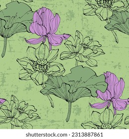Floral seamless pattern with hand drawn lotus flowers and leaves. Fashionable template for design. Abstract floral pattern.