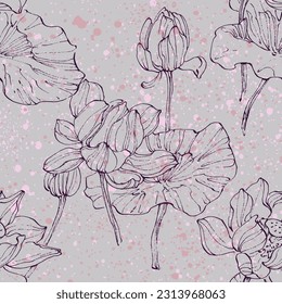 Blumennahtloses Muster mit handgezeichneten Lotusblumen und Blättern. Modische Vorlage für Design. Abstraktes Blumenmuster.