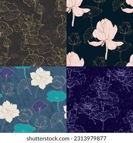 Floral seamless pattern with hand drawn lotus flowers and leaves. Fashionable template for design. Abstract floral pattern.