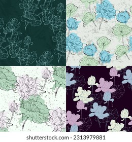 Patrón floral sin fisuras con flores de loto dibujadas a mano y hojas. Plantilla de diseño de moda. Resumen del patrón floral.
