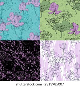 Floral seamless pattern with hand drawn lotus flowers and leaves. Fashionable template for design. Abstract floral pattern.