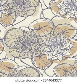 Blumennahtloses Muster mit handgezeichneten Lotusblumen und Blättern. Vektorhintergrund für Stoffe, Textilien, Papier. Traditioneller orientalischer Ausdruck.