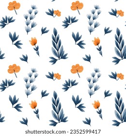 Floral seamless pattern with hand drawn branches, leaves. Vector pattern in the ethnic folklore style. 