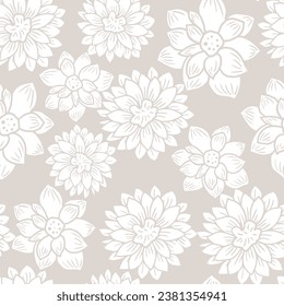 Blumennahtloses Muster mit handgezeichneten Dahlia-Blumen. Helle Vektorgrafik, floraler grauer Hintergrund in Pastellfarben. Flaches Zeichnen im modernen Stil. Botanischer Trendschmuck. Sommermotiv.

