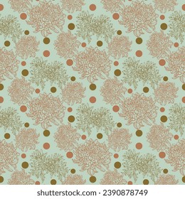 Floral seamless pattern with hand drawn contours of chrysanthemums. Pen and ink drawing elements. Retro elegance repeat print. Vintage design for fabric, wallpaper or wrapping. 