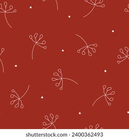 Floral seamless pattern with  hand drawn natural elements and dots on red background. Plants wallpaper design. Nature or garden theme. Vector illustration in line art style.