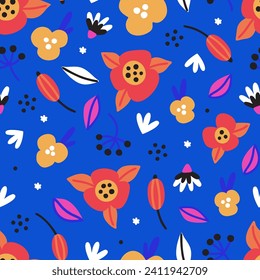 Floral seamless pattern. Hand drawn beautiful flowers. Colorful repeating blue background with blossom. Design for wallpaper, textiles, wrapping paper, cover notebook, header. Vector illustration
