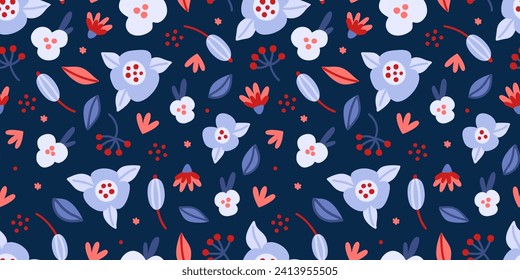 Patrón floral sin fisuras. Flores simples dibujadas a mano. Fondo oscuro con flores azules y rojas. Diseño para banner, papel de pared, textiles, papel de envoltura, portada portátil, cabecera. Ilustración del vector