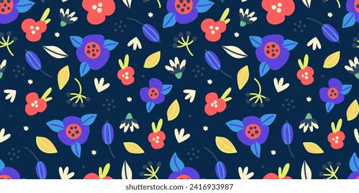 Floral seamless pattern. Hand drawn simple flowers. Black background with blue, red blossom. Design for banner, wallpaper, textiles, wrapping paper, cover notebook, header. Vector illustration