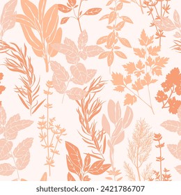 Floral seamless pattern with hand drawn aromatic garden herbs in peach fuzz color