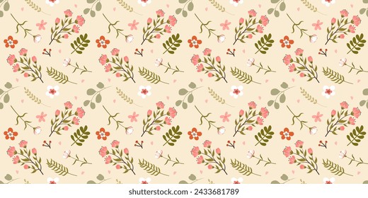 Floral seamless pattern with hand drawn flowers and leaves in soft pastel colors. Romantic vector background in doodle style for wrapping paper, greeting card, poster and textile.