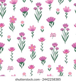 Floral seamless pattern with hand drawn pink wildflowers on white background for wallpaper, textile prints, bedding, wrapping paper, apparel, stationary, etc. EPS 10