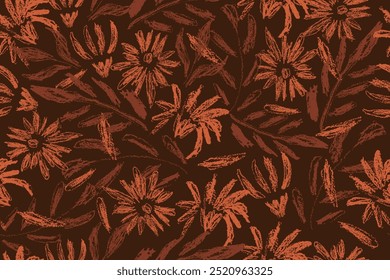 Floral seamless pattern in hand drawn rough texture, abstract floral motif