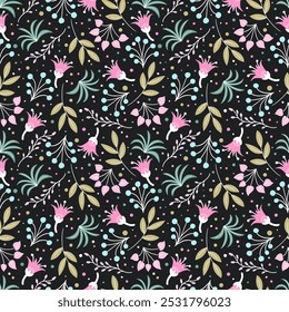 Padrão floral sem emenda com cores delicadas e brilhantes desenhadas à mão. Sinos, folhas verdes e ramos. Ilustração vetorial da natureza sobre fundo preto.