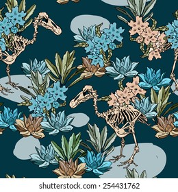 Floral seamless pattern with hand drawn sceletons birds. Vector illustration.