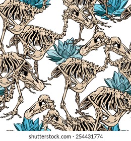 Floral seamless pattern with hand drawn sceletons birds. Vector illustration.