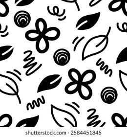 Floral seamless pattern with hand drawn flowers and leaves. Black chrysanthemum flowers with  leaves and doodle shape.Textile print, fabric swatch, wrapping paper.