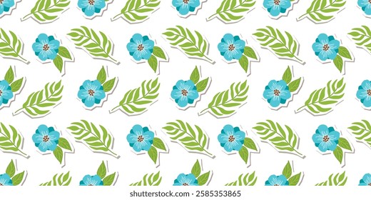 Floral seamless pattern with hand drawn blue flowers and green leaves on white background. Botanical elements with cut out shapes. Vector design for textile, wallpaper, cover. Spring or summer print. 