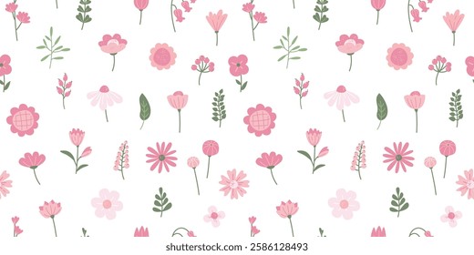 Floral seamless pattern with hand drawn Pink Flowers, leaves, branches, berries. Abstract childish style flowers. Spring repeat endless vector background 