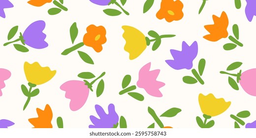 Floral seamless pattern. Hand drawn colorful flowers on white background. Background for fabric, textile, clothes, wrapping paper, covers, banners, interior decor. Vector illustration in simple flat