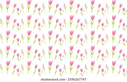 Floral seamless pattern with hand drawn pink tulip on white background.