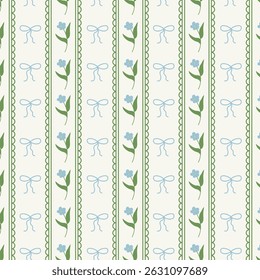 Floral seamless pattern with hand drawn bow, wavy stripes and garden flowers. Summer cottage core print design for fabric, wrapping paper, prints, artworks.	