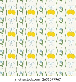 Floral seamless pattern with hand drawn lemons, bow, wavy stripes and garden flowers. Summer cottage core print design for fabric, wrapping paper, prints, artworks.	
