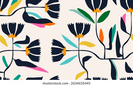 Floral Seamless Pattern Hand Drawn Style. Contemporary Print Design with Abstract Flowers. Monochrome Fashionable Botanical Template for Modern Design, Fabric, Patterns, Textile. Not AI