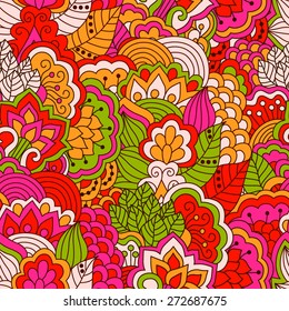Floral seamless pattern with hand drawn elements. Colorful background. Pattern can be used for fabric, wallpaper or wrapping.
