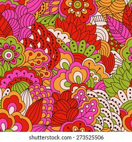 Floral seamless pattern with hand drawn elements. Colorful background. Pattern can be used for fabric, wallpaper or wrapping.