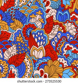 Floral seamless pattern with hand drawn elements. Colorful background. Pattern can be used for fabric, wallpaper or wrapping.