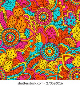 Floral seamless pattern with hand drawn elements. Colorful background. Pattern can be used for fabric, wallpaper or wrapping.