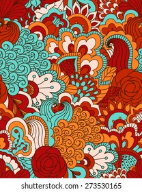 Floral seamless pattern with hand drawn elements. Colorful background. Pattern can be used for fabric, wallpaper or wrapping.