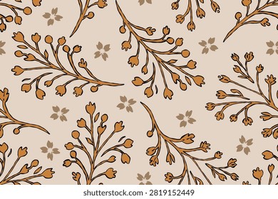 Floral Seamless Pattern, Hand Drawn Botanical Branch Ornament Vector for Textile, Fashion Fabric Print, Wallpaper, Wrapping Paper, Delicate Line Art Leaf Background, Vintage Brown Autumn Flower