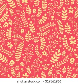 Floral seamless pattern. Hand drawn doodle flowers and plants for your design. Vector. Yellow flowers on red background.