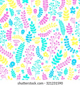 Floral seamless pattern. Hand drawn doodle flowers and plants for your design. Vector. Yellow, green, pink and green flowers on white background.