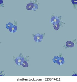 Floral Seamless Pattern. Hand Drawn Flowers on Blue Background. Wildflowers Sketchy Illustration Print. Wrapping or Digital Paper. Good for textile design.