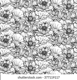 Floral seamless pattern with hand drawn lotus flowers and leaves for fabrics, textiles, paper. Beautiful black and white vector floral background